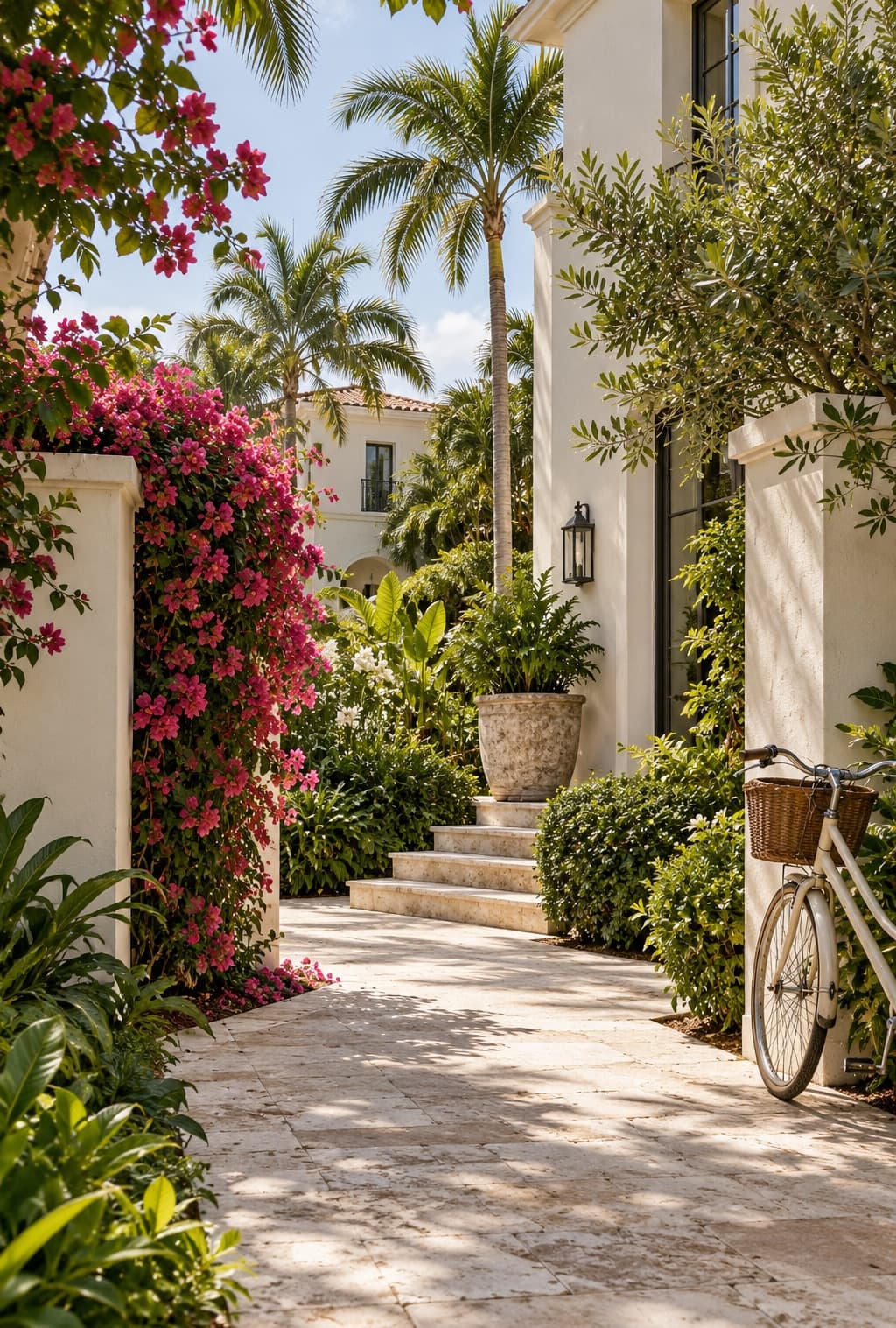 A stone path through a garden courtyard with bougainvillea, palms and a bicycle by the steps