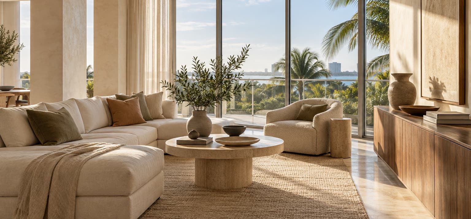A sunlit living room in soft linen and honed stone, with palms and the water beyond the windows