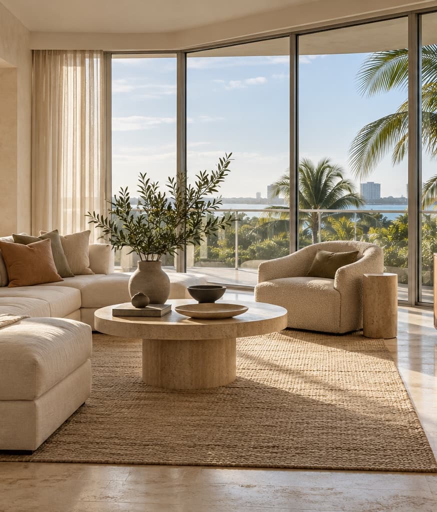 A calm living room with a travertine coffee table, a jute rug and an olive branch in a stone vase